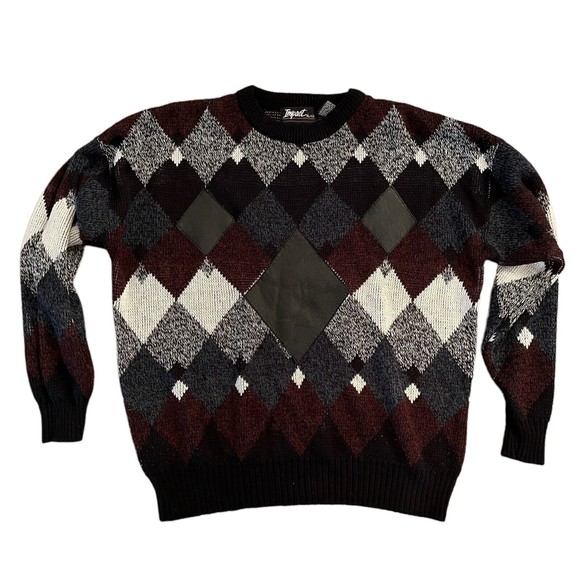 Vintage Impact Sweater Black Gray Marion Leather Patches Retro Size XL - Picture 1 of 4